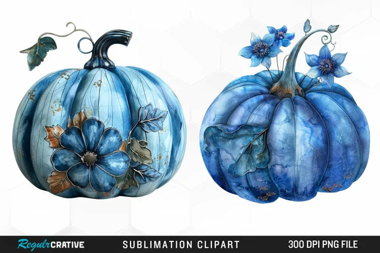 Watercolor Blue Pumpkins Graphics Clipart