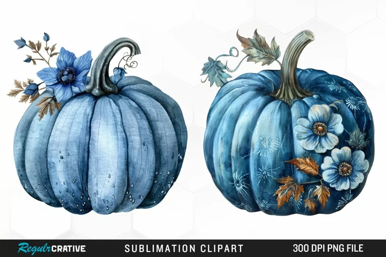 Watercolor Blue Pumpkins Graphics Clipart