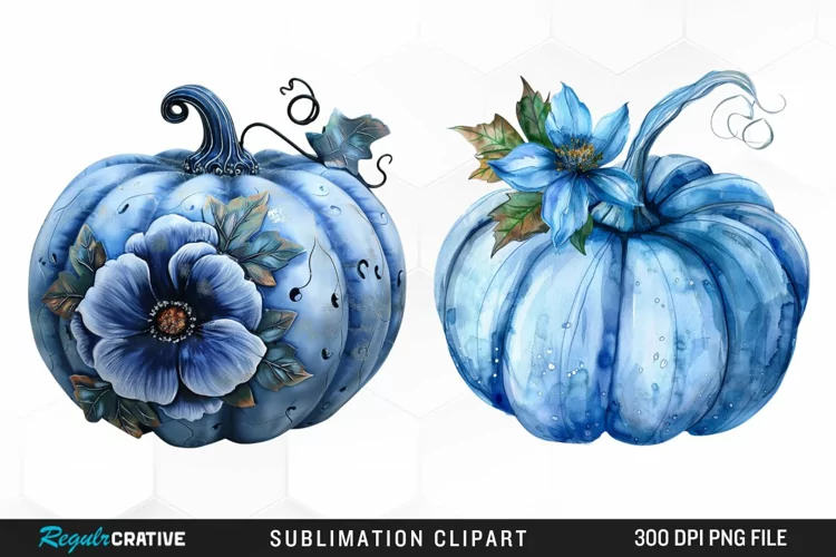 Watercolor Blue Pumpkins Graphics Clipart