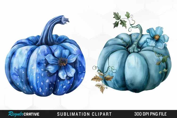 Watercolor Blue Pumpkins Graphics Clipart