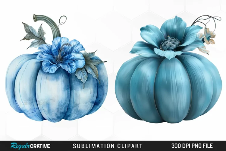 Watercolor Blue Pumpkins Graphics Clipart