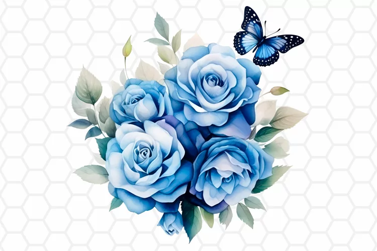 Watercolor Blue Rose and Butterfly Clipart, Sublimation PNG
