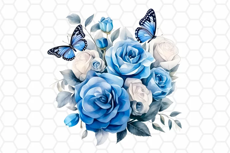 Watercolor Blue Rose and Butterfly Clipart, Sublimation PNG