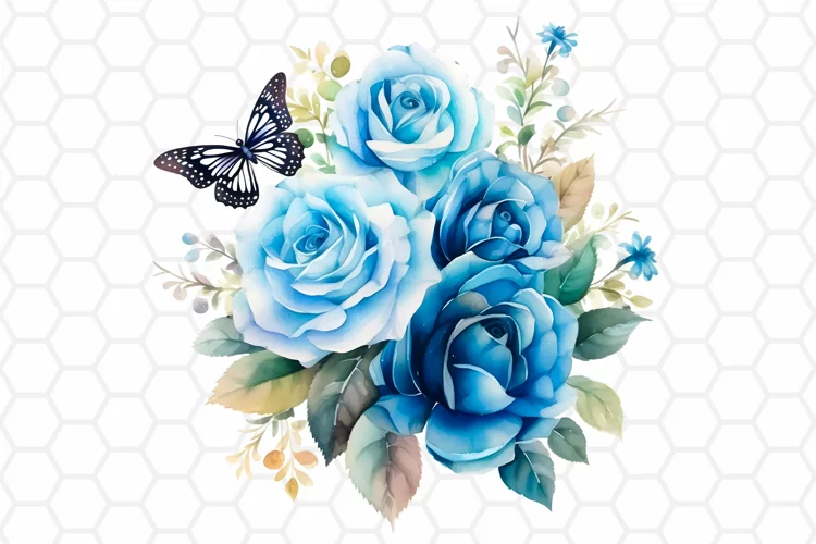 Watercolor Blue Rose and Butterfly Clipart, Sublimation PNG