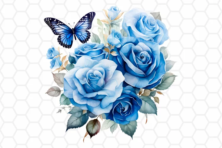 Watercolor Blue Rose and Butterfly Clipart, Sublimation PNG
