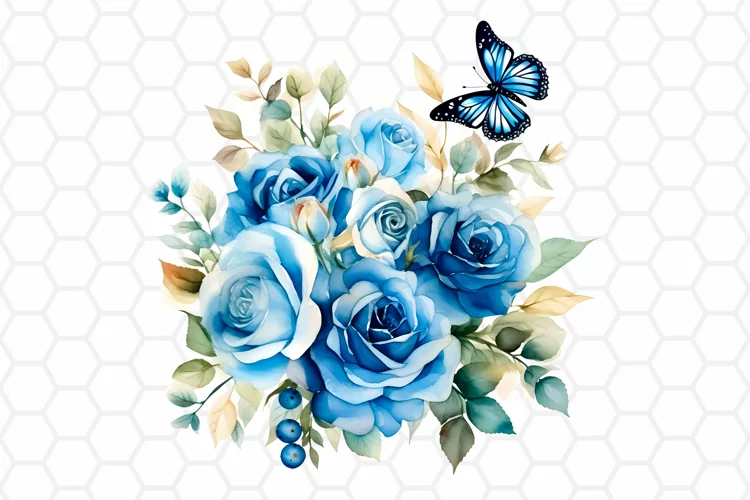 Watercolor Blue Rose and Butterfly Clipart, Sublimation PNG