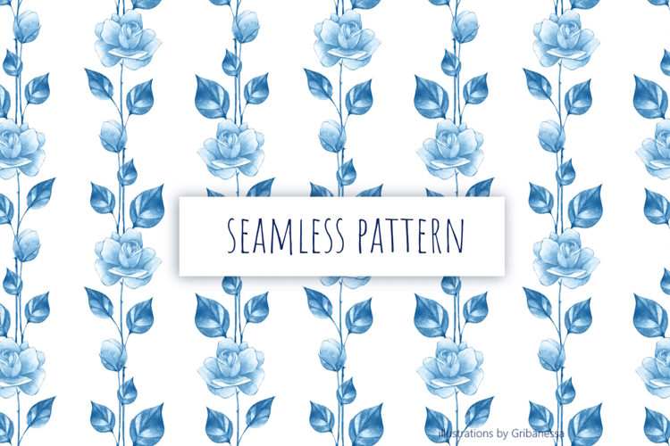 Watercolor Blue Rose Pattern