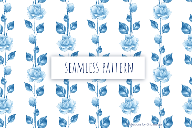 Watercolor Blue Rose Pattern