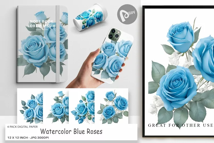Digital Paper Watercolor Blue Roses