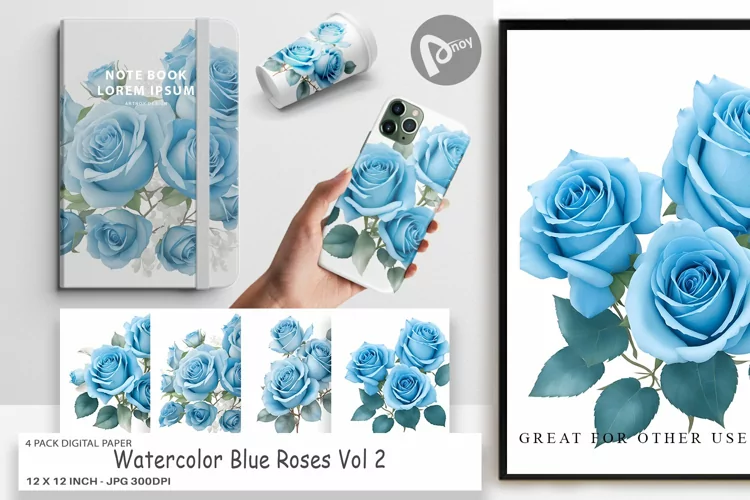 Digital Paper Watercolor Blue Roses