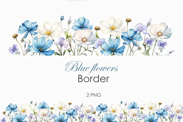 Watercolor blue wildflowers borders PNG