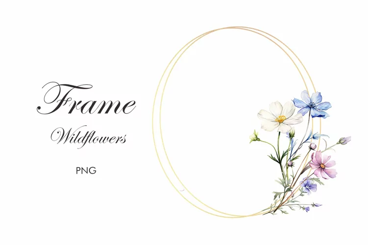 Watercolor Blue Wildflowers Frame. Gold Frame