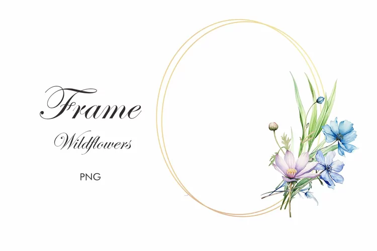 Watercolor Blue Wildflowers Frame. Gold Frame