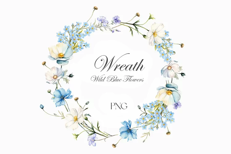 Watercolor Blue Wildflowers wreath PNG