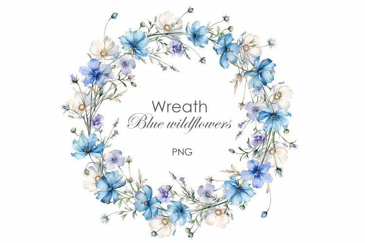 Watercolor Blue Wildflowers wreath PNG