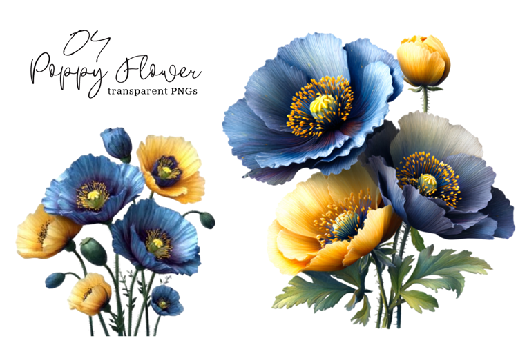 Watercolor Blue Yellow Poppy Flower Clipart