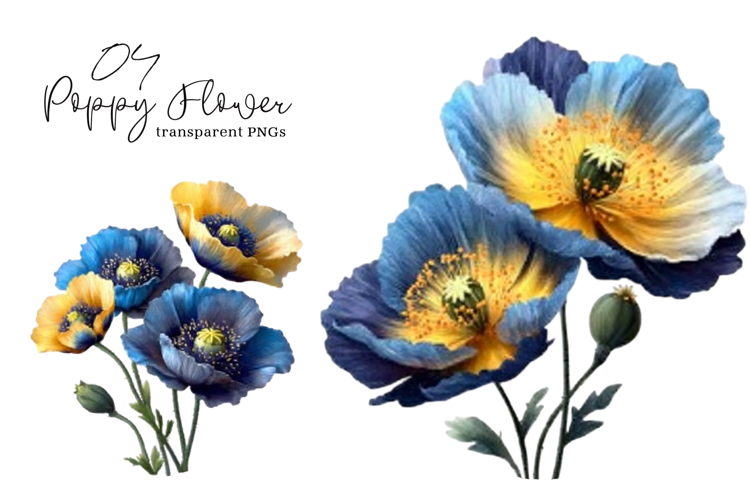 Watercolor Blue Yellow Poppy Flower Clipart