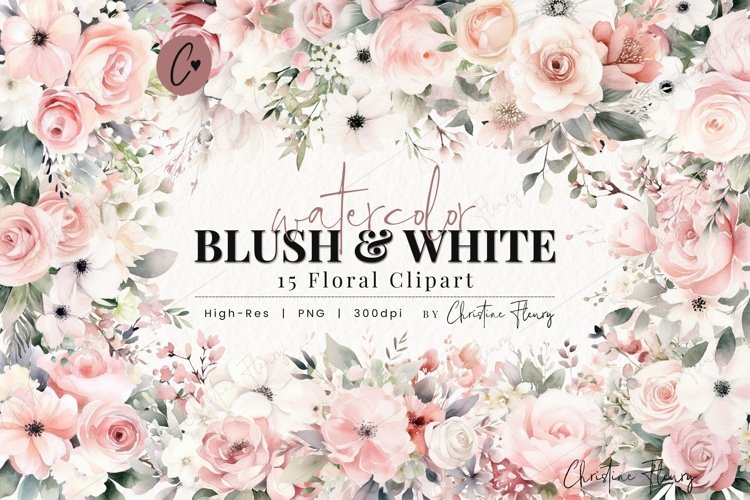 Watercolor Blush and White Floral Clipart