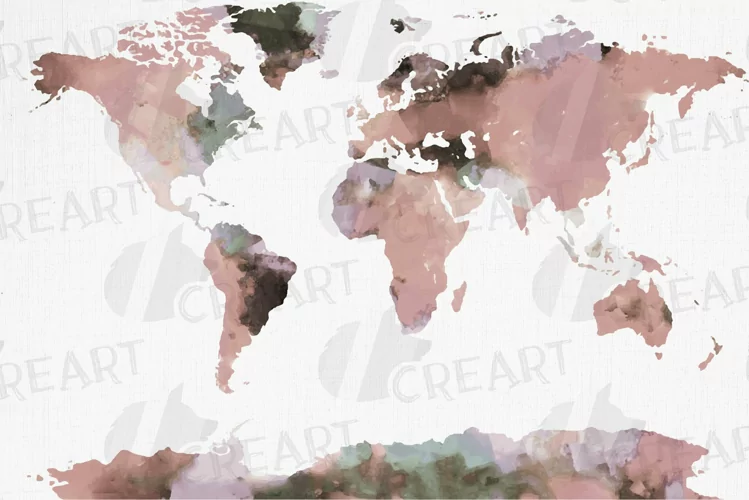 Blush Watercolor World Map. Travel destination map clip art.