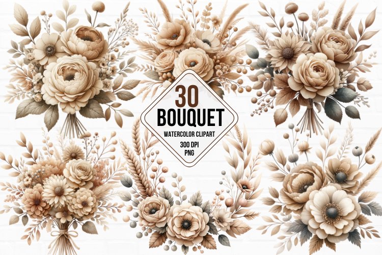 Watercolor Boho Beige Bouquet Clipart, Boho Flowers Bundle example image 1