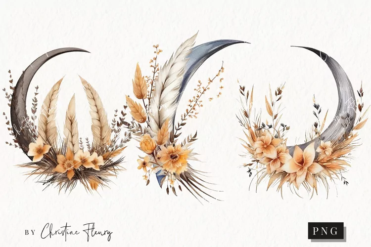 Watercolor Boho Moons Clipart | Watercolor Boho PNG