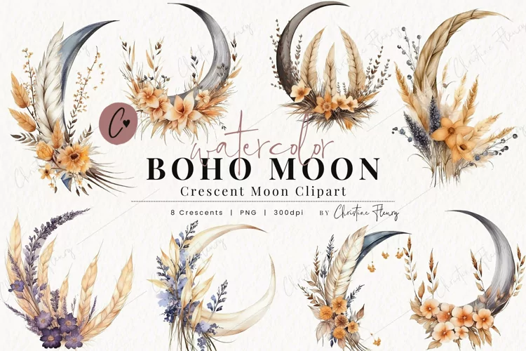 Watercolor Boho Moon Floral Clipart
