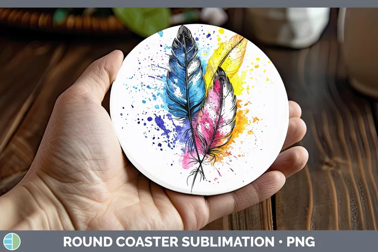 Watercolor Boho Feathers Round Coaster Sublimation Coaster D