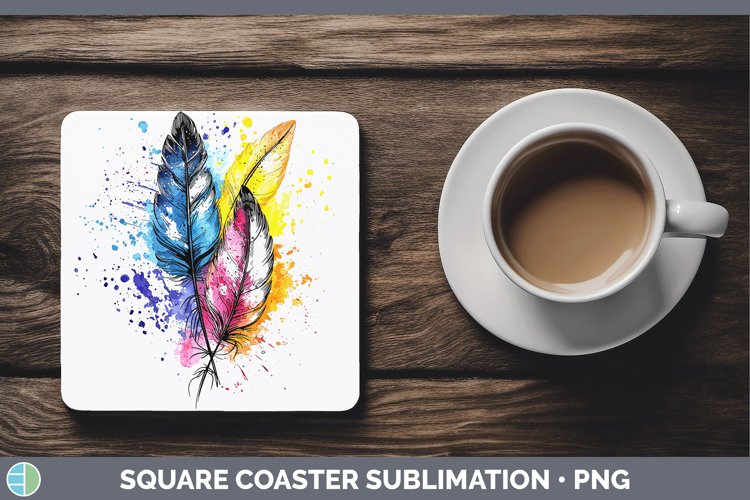 Watercolor Boho Feathers Square Coaster Sublimation Coaster