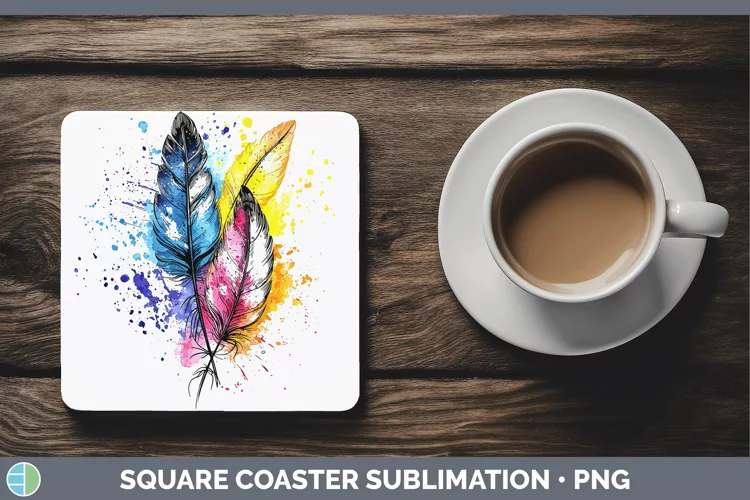 Watercolor Boho Feathers Square Coaster Sublimation Coaster
