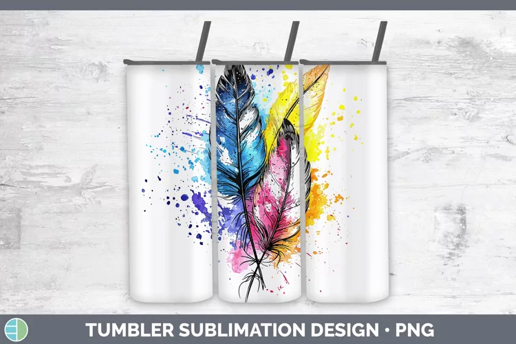 Watercolor Boho Feathers Tumbler Sublimation 20 oz Skinny Tu