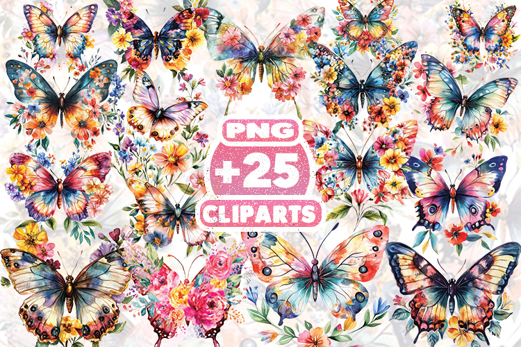 Watercolor Boho Floral Butterfly Clipart, Bohemian Butterfly