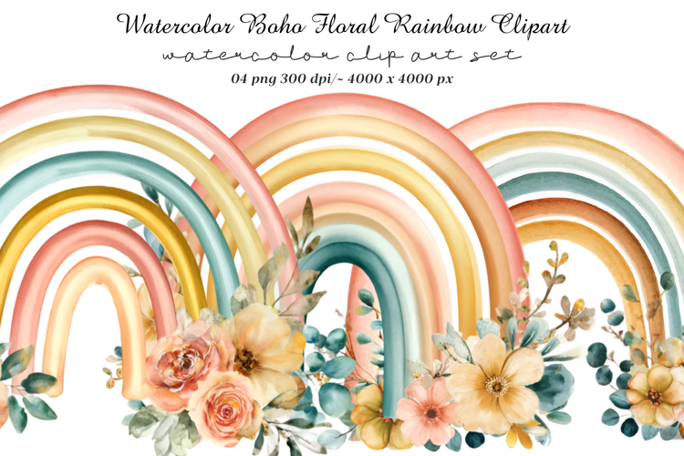 Watercolor Boho Floral Rainbow Clipart
