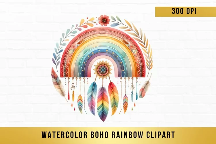 watercolor boho rainbow clipart, boho rainbow sublimation