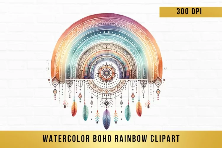 watercolor boho rainbow clipart, boho rainbow sublimation