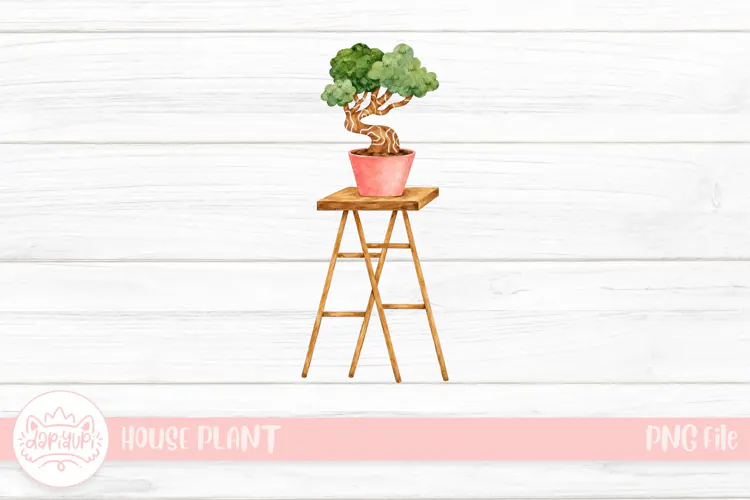 Watercolor Bonsai on Wooden Stand