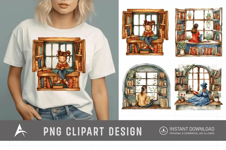 Watercolor Book Lover in a Window Nook Clipart
