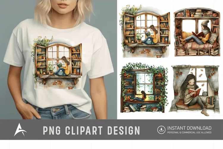 Watercolor Book Lover in a Window Nook Clipart
