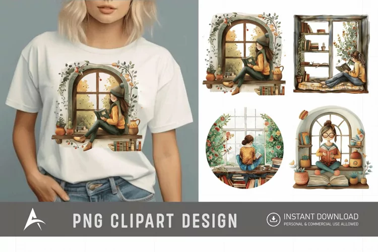 Watercolor Book Lover in a Window Nook Clipart