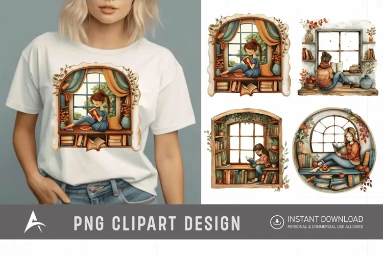 Watercolor Book Lover in a Window Nook Clipart