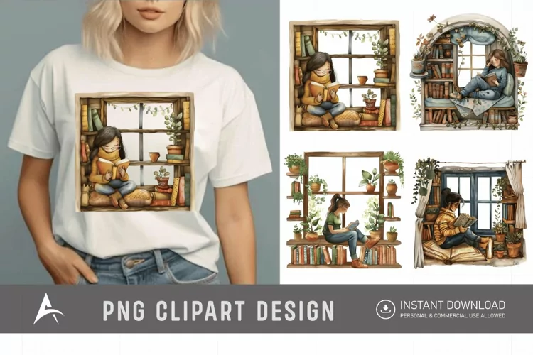 Watercolor Book Lover in a Window Nook Clipart