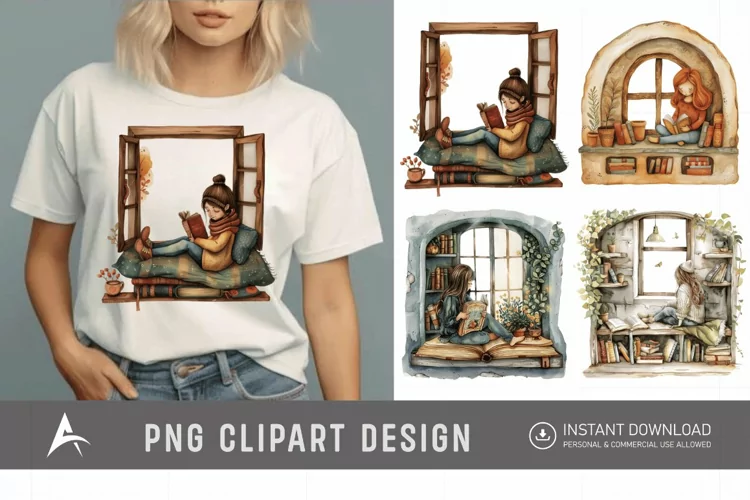 Watercolor Book Lover in a Window Nook Clipart