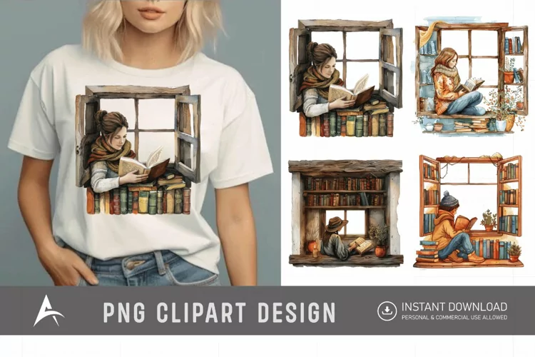 Watercolor Book Lover in a Window Nook Clipart