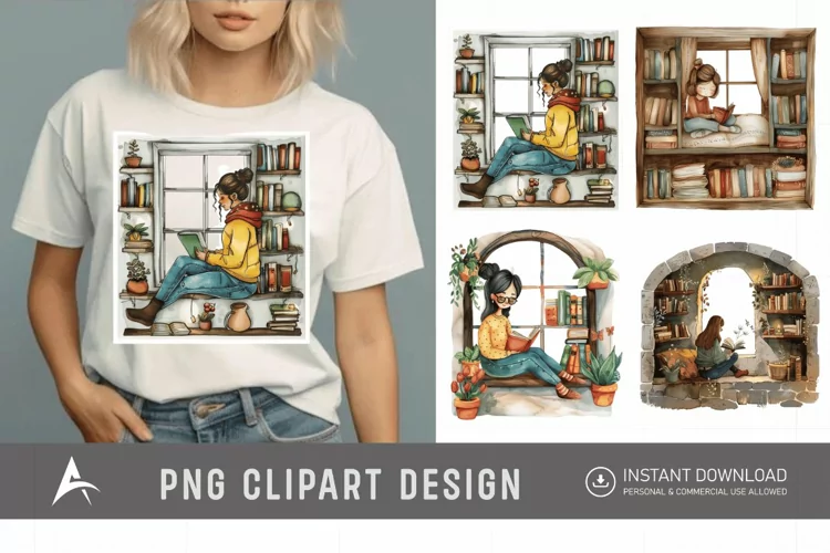 Watercolor Book Lover in a Window Nook Clipart