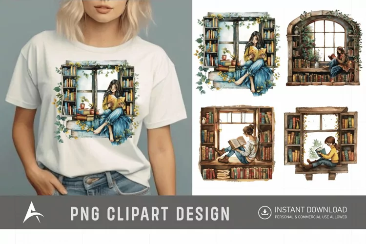 Watercolor Book Lover in a Window Nook Clipart