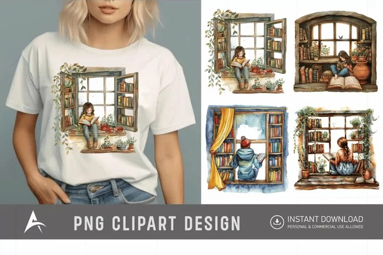 Watercolor Book Lover in a Window Nook Clipart