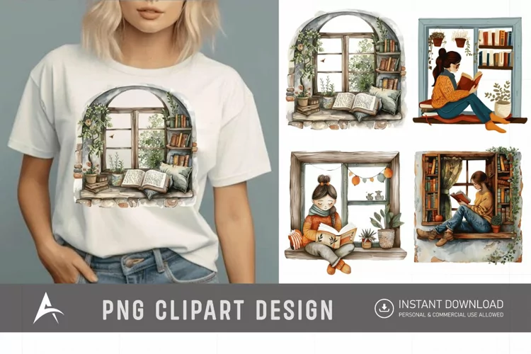 Watercolor Book Lover in a Window Nook Clipart