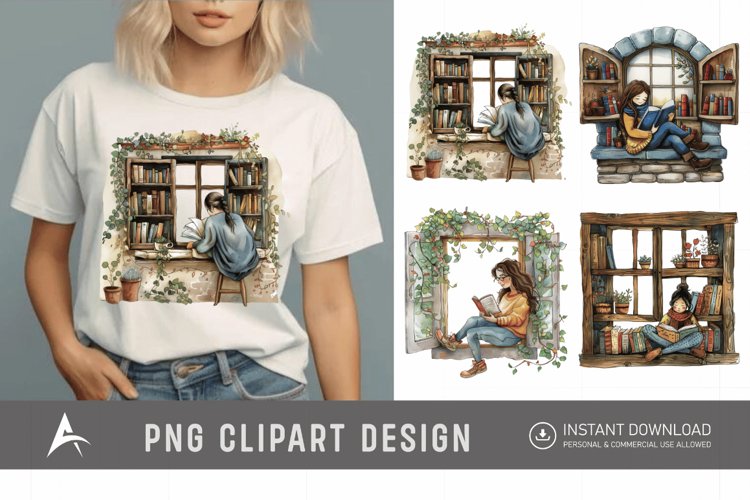 Watercolor Book Lover in a Window Nook Clipart