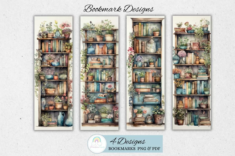 Watercolor Book Shelf Bookmark Sublimation PNG