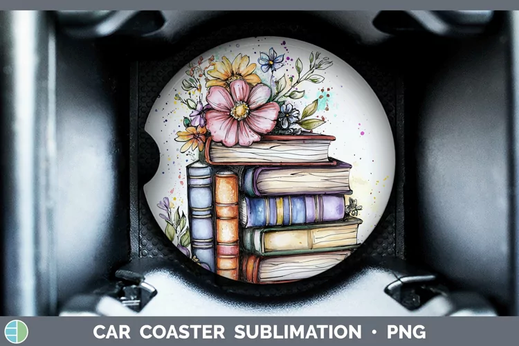 Watercolor Book Stack Car Coaster Sublimation Designs