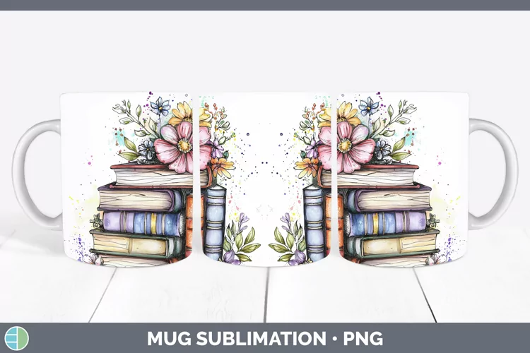 Watercolor Book Stack Mug Wrap Sublimation Coffee Cup Design